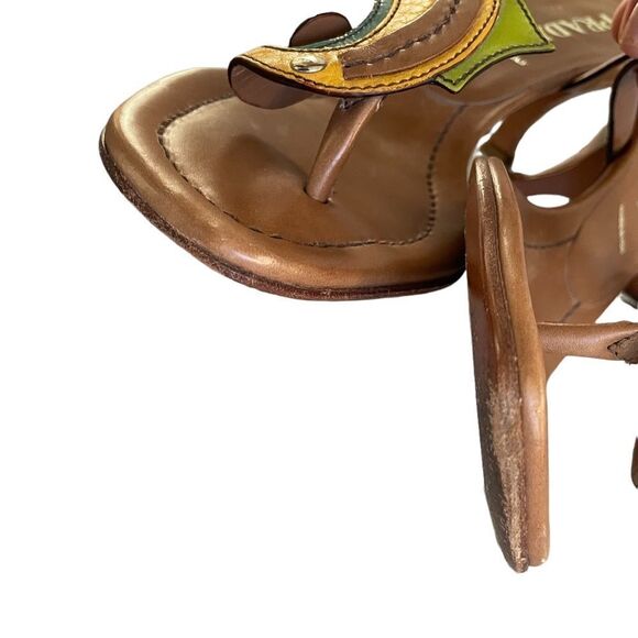 PRADA Leather Seahorse Sandals Kitten Heel Cognac Brown Green Yellow 5.5 - Picture 12 of 14